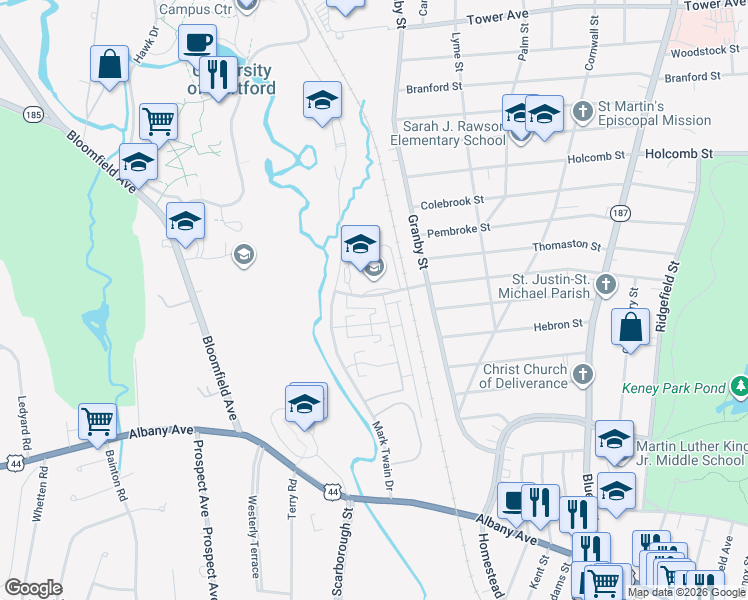 map of restaurants, bars, coffee shops, grocery stores, and more near 275 Plainfield Street in Hartford