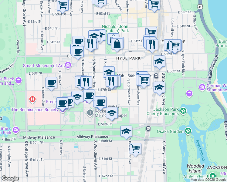 map of restaurants, bars, coffee shops, grocery stores, and more near 1321 East 57th Street in Chicago