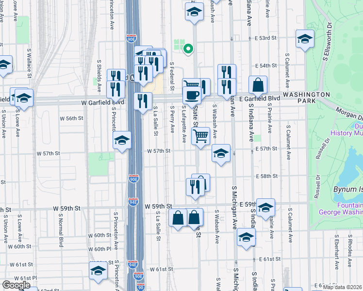 map of restaurants, bars, coffee shops, grocery stores, and more near 5642 South Lafayette Avenue in Chicago