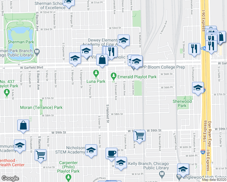 map of restaurants, bars, coffee shops, grocery stores, and more near 5635 South Emerald Avenue in Chicago