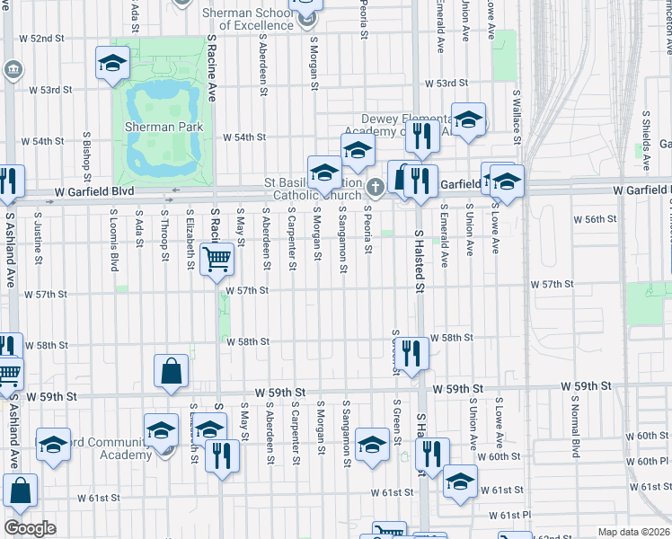 map of restaurants, bars, coffee shops, grocery stores, and more near 5631 South Morgan Street in Chicago