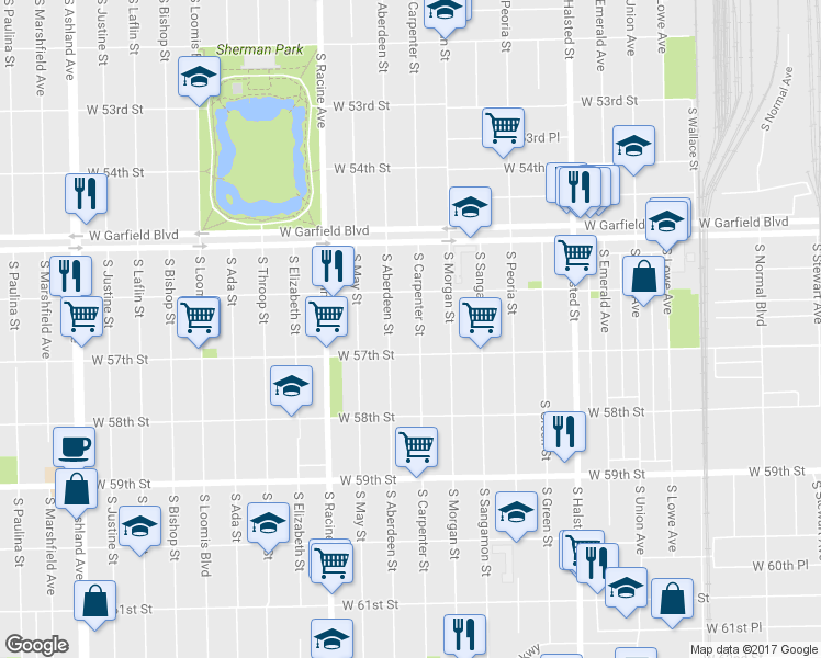 map of restaurants, bars, coffee shops, grocery stores, and more near 5631 South Carpenter Street in Chicago