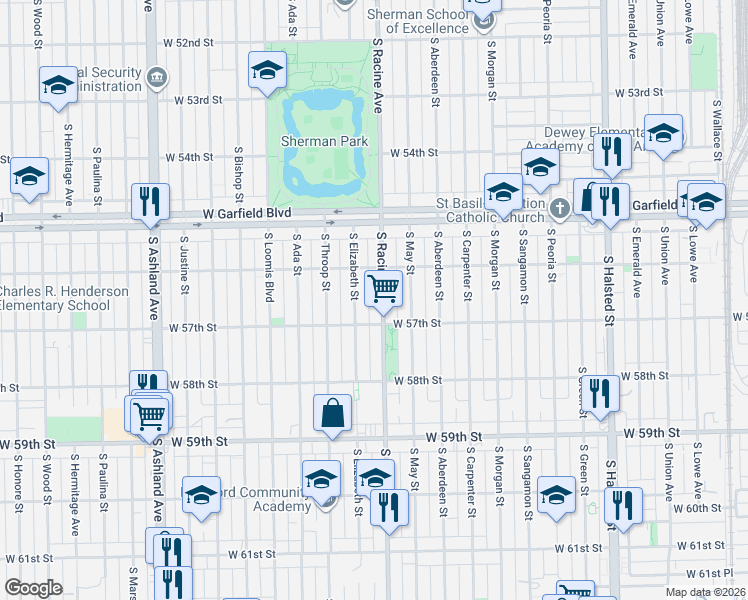 map of restaurants, bars, coffee shops, grocery stores, and more near 5629 South Elizabeth Street in Chicago