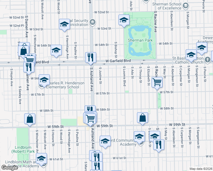 map of restaurants, bars, coffee shops, grocery stores, and more near 5623 South Justine Street in Chicago
