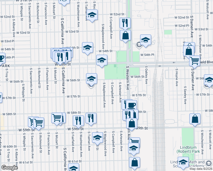 map of restaurants, bars, coffee shops, grocery stores, and more near 5616 South Campbell Avenue in Chicago