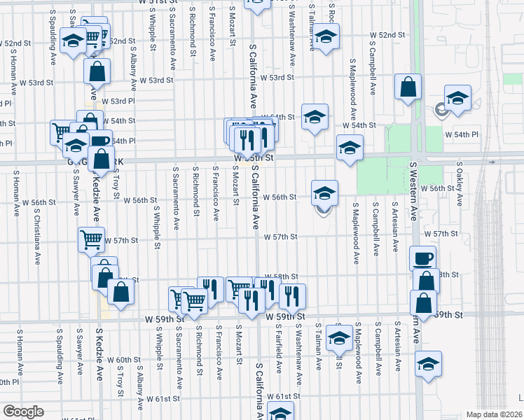 map of restaurants, bars, coffee shops, grocery stores, and more near 5610 South Fairfield Avenue in Chicago