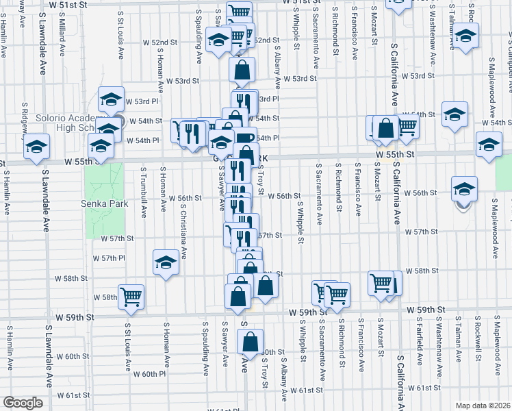 map of restaurants, bars, coffee shops, grocery stores, and more near 5607 South Troy Street in Chicago