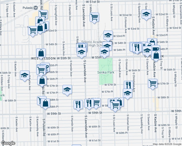 map of restaurants, bars, coffee shops, grocery stores, and more near 3614 West 56th Street in Chicago