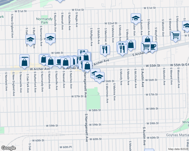 map of restaurants, bars, coffee shops, grocery stores, and more near 5529 South Mulligan Avenue in Chicago