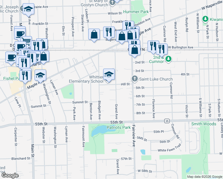 map of restaurants, bars, coffee shops, grocery stores, and more near 5242 Grand Avenue in Downers Grove