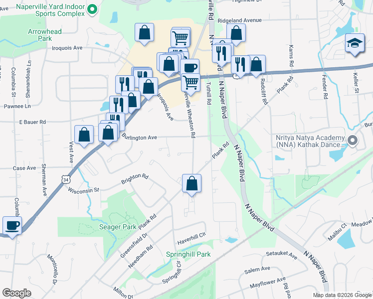 map of restaurants, bars, coffee shops, grocery stores, and more near 1235 Declan Court in Naperville