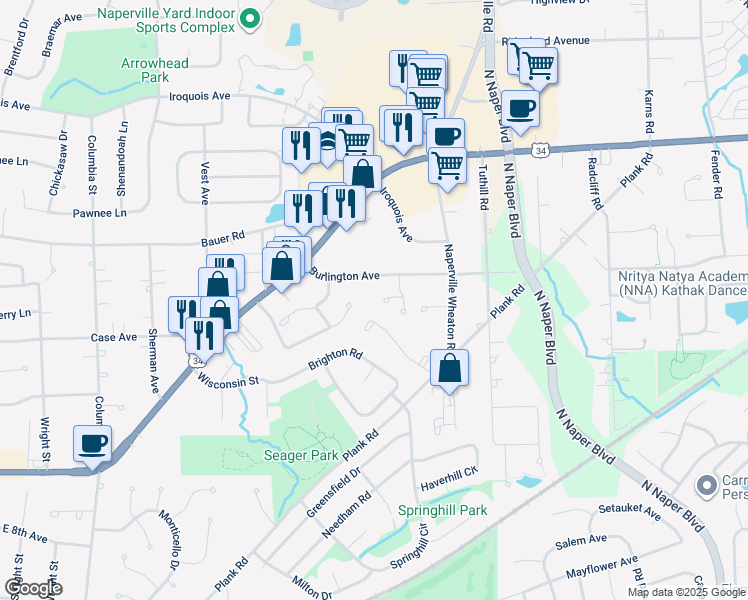 map of restaurants, bars, coffee shops, grocery stores, and more near 1203 Harmony Court in Naperville