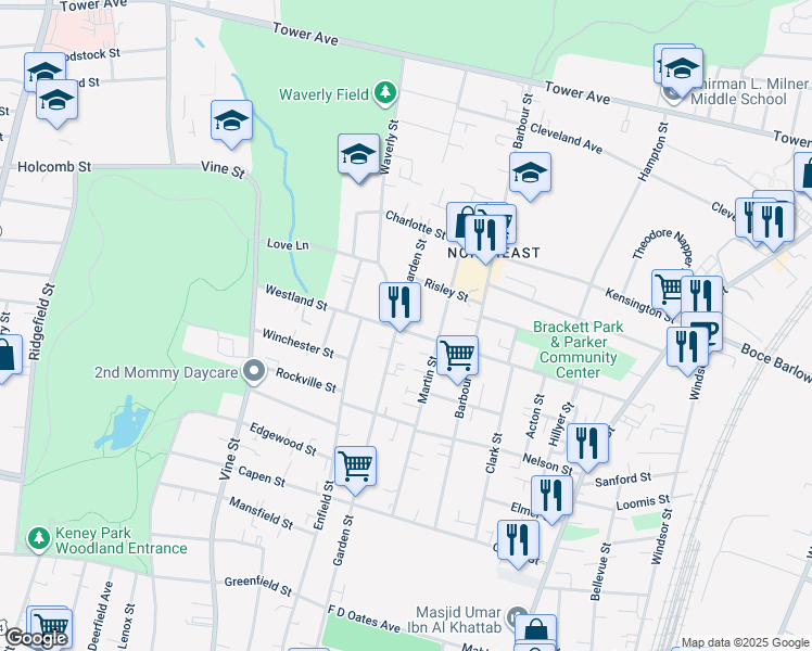map of restaurants, bars, coffee shops, grocery stores, and more near 190 Westland Street in Hartford