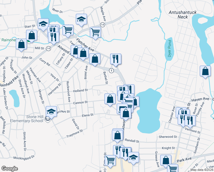 map of restaurants, bars, coffee shops, grocery stores, and more near 235 Holland Street in Cranston