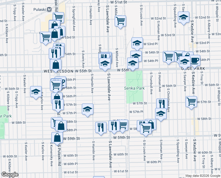 map of restaurants, bars, coffee shops, grocery stores, and more near 3653 West 56th Street in Chicago
