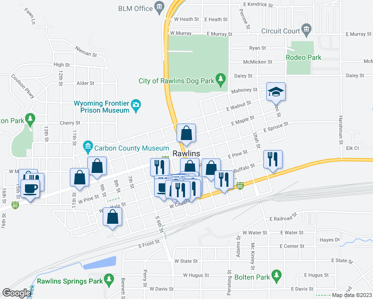 map of restaurants, bars, coffee shops, grocery stores, and more near 511 3rd Street in Rawlins