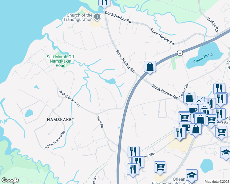 map of restaurants, bars, coffee shops, grocery stores, and more near 40 Skaket Beach Road in Orleans