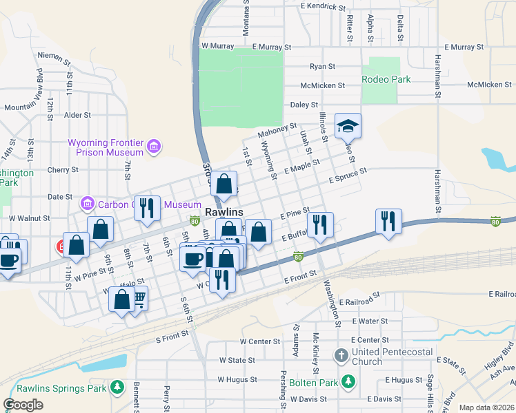 map of restaurants, bars, coffee shops, grocery stores, and more near 104 West Spruce Street in Rawlins