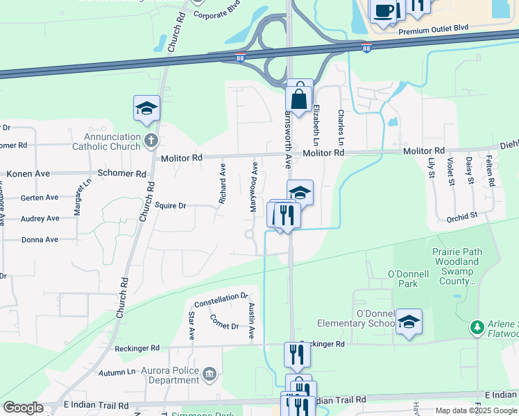 map of restaurants, bars, coffee shops, grocery stores, and more near 1675 North Marywood Avenue in Aurora