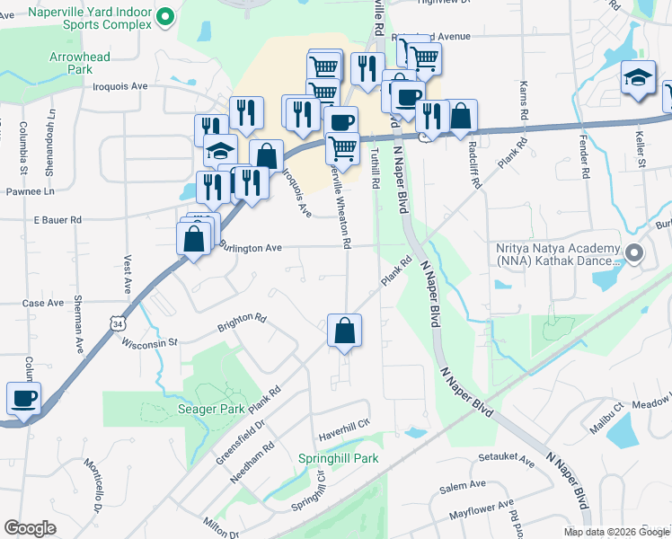 map of restaurants, bars, coffee shops, grocery stores, and more near 1235 Declan Court in Naperville