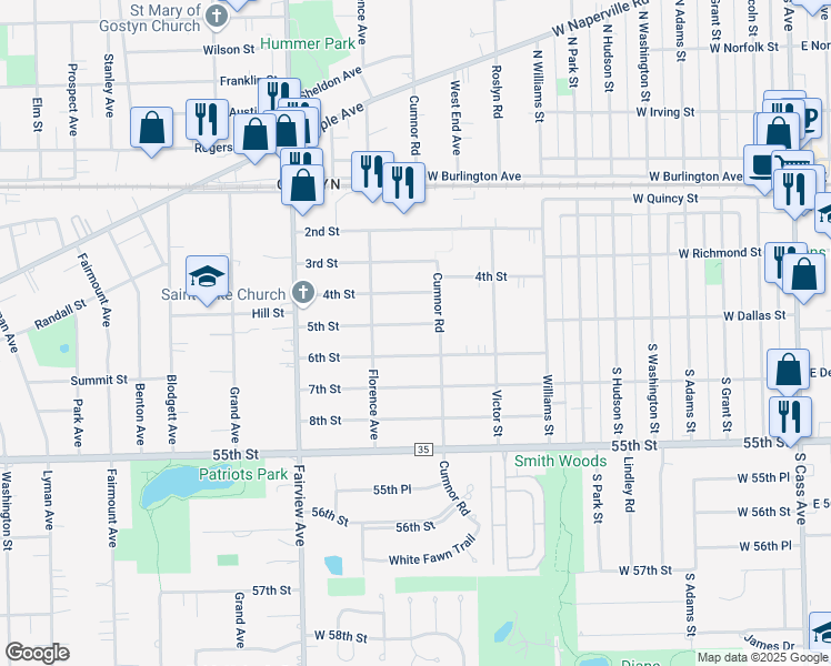 map of restaurants, bars, coffee shops, grocery stores, and more near 215 5th Street in Downers Grove
