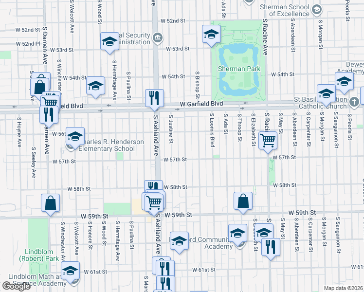 map of restaurants, bars, coffee shops, grocery stores, and more near 5623 South Justine Street in Chicago