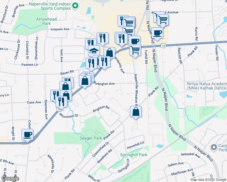 map of restaurants, bars, coffee shops, grocery stores, and more near 1203 Harmony Court in Naperville