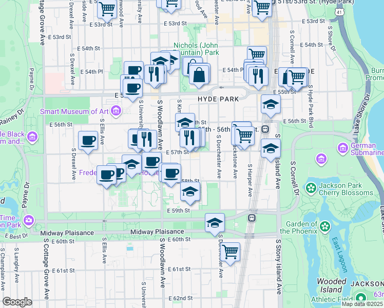 map of restaurants, bars, coffee shops, grocery stores, and more near 1321 East 57th Street in Chicago