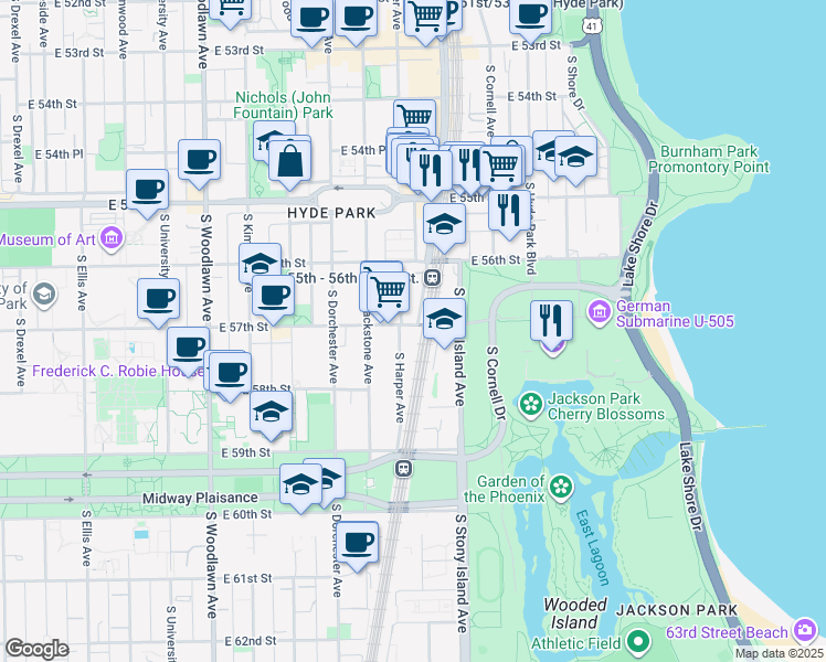 map of restaurants, bars, coffee shops, grocery stores, and more near 1509 East 57th Street in Chicago