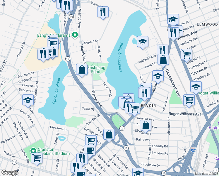 map of restaurants, bars, coffee shops, grocery stores, and more near 126 Lakeview Drive in Providence