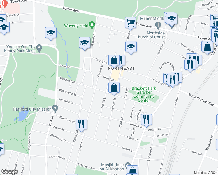 map of restaurants, bars, coffee shops, grocery stores, and more near 212 Martin Street in Hartford
