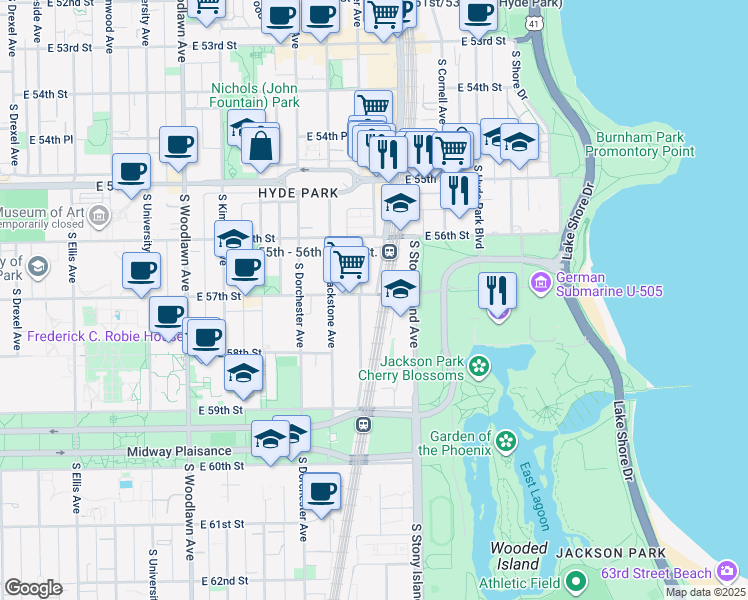 map of restaurants, bars, coffee shops, grocery stores, and more near 1517 East 57th Street in Chicago