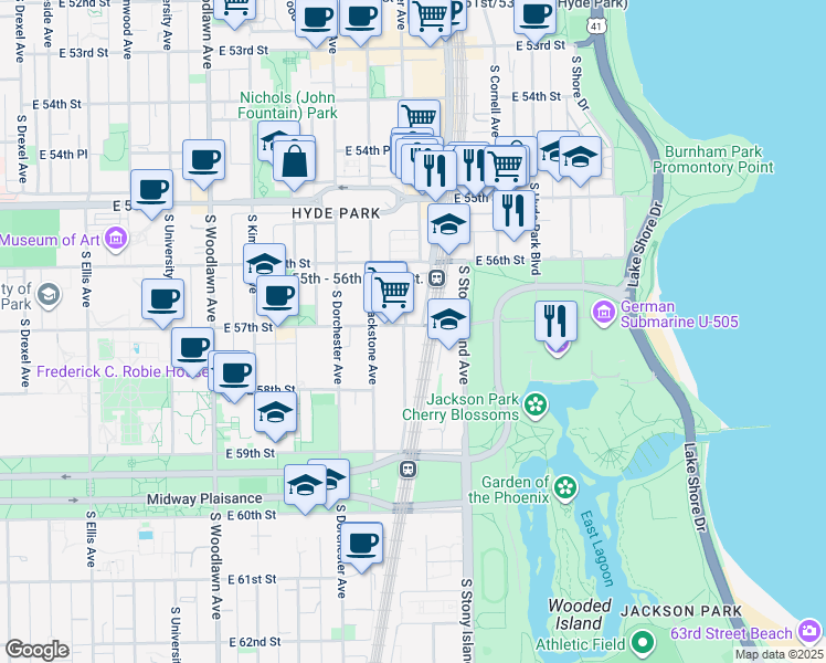map of restaurants, bars, coffee shops, grocery stores, and more near 1509 East 57th Street in Chicago