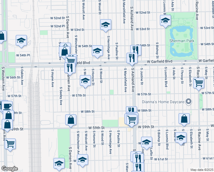 map of restaurants, bars, coffee shops, grocery stores, and more near 5621 South Wood Street in Chicago
