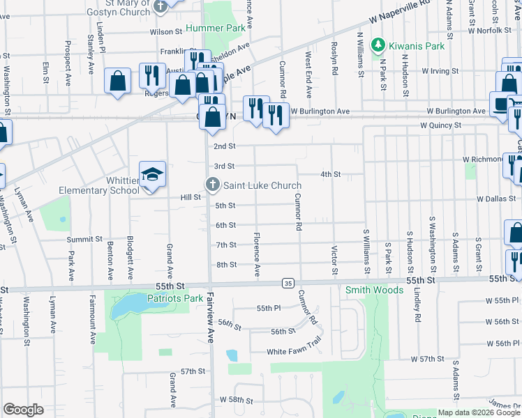 map of restaurants, bars, coffee shops, grocery stores, and more near 5301 Florence Avenue in Downers Grove