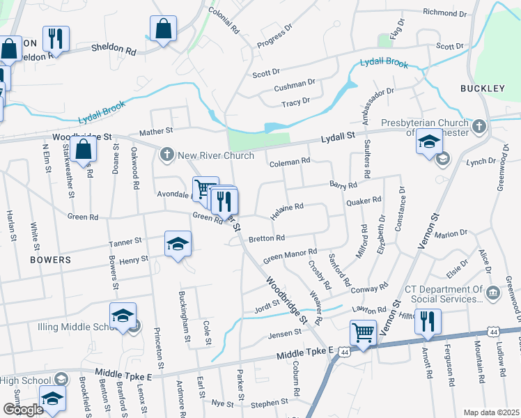 map of restaurants, bars, coffee shops, grocery stores, and more near 61 Helaine Road in Manchester