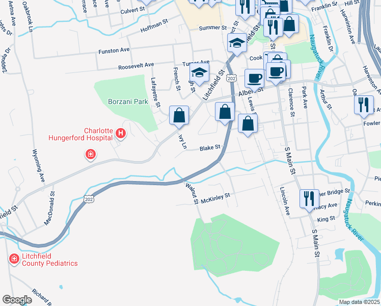 map of restaurants, bars, coffee shops, grocery stores, and more near 105 Blake Street in Torrington
