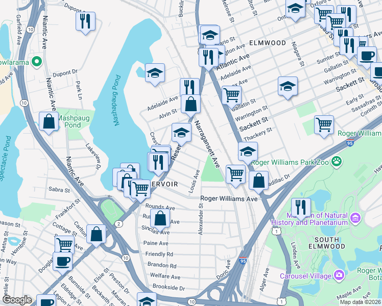 map of restaurants, bars, coffee shops, grocery stores, and more near 73 Ardoene Street in Providence