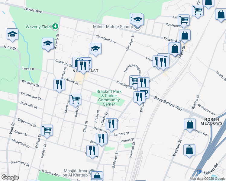 map of restaurants, bars, coffee shops, grocery stores, and more near 78 Earle Street in Hartford