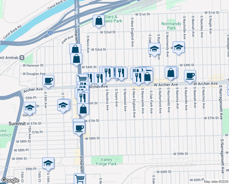 map of restaurants, bars, coffee shops, grocery stores, and more near 5520 South Sayre Avenue in Chicago