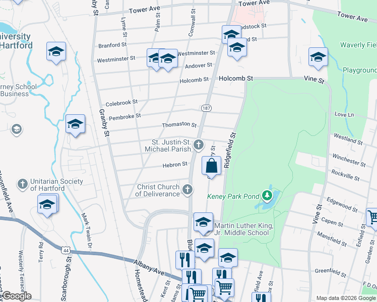 map of restaurants, bars, coffee shops, grocery stores, and more near 16 Chatham Street in Hartford
