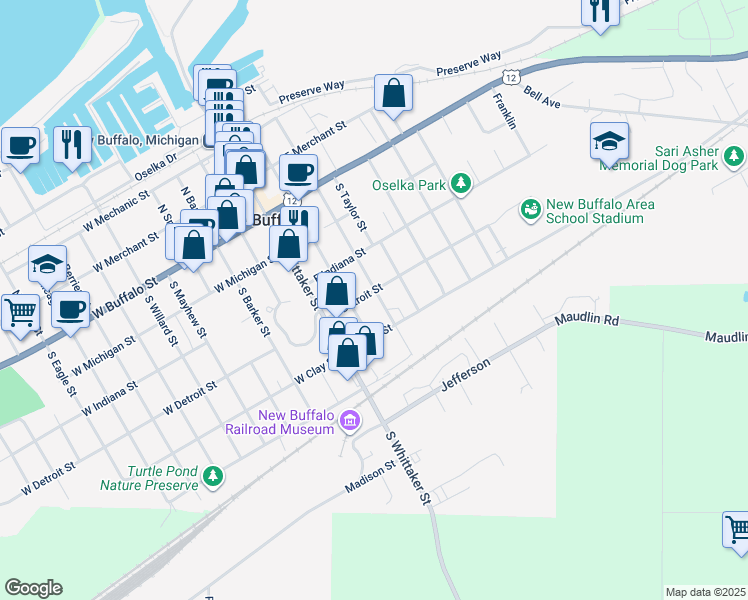 map of restaurants, bars, coffee shops, grocery stores, and more near 300 South Townsend Street in New Buffalo