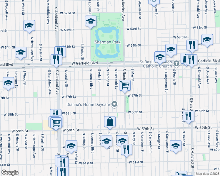 map of restaurants, bars, coffee shops, grocery stores, and more near 5631 South Throop Street in Chicago