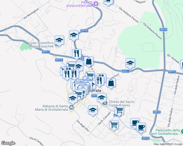 map of restaurants, bars, coffee shops, grocery stores, and more near 9 Via San Bartolomeo in Grottaferrata