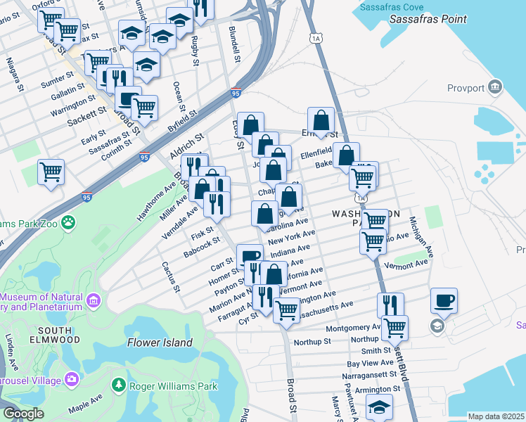 map of restaurants, bars, coffee shops, grocery stores, and more near 253 Georgia Avenue in Providence