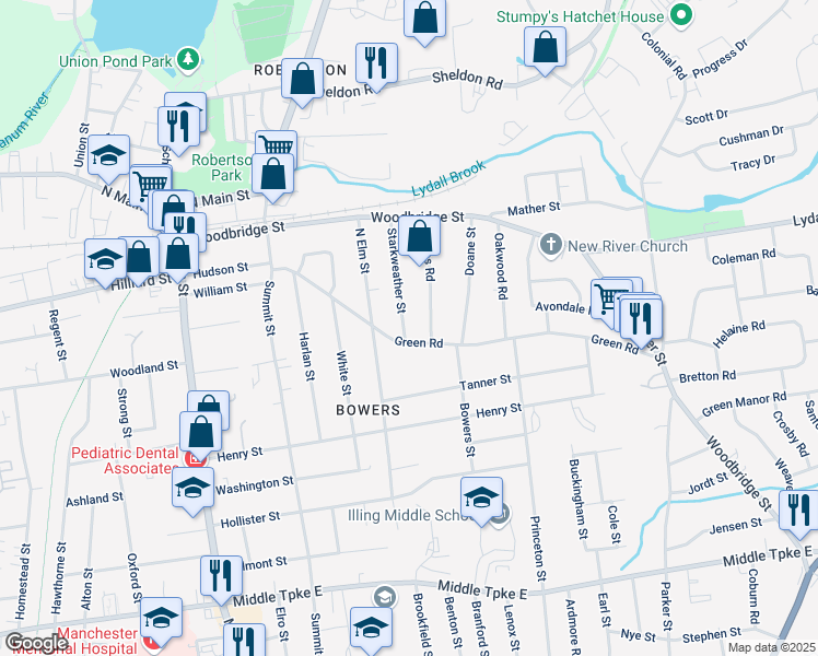 map of restaurants, bars, coffee shops, grocery stores, and more near 95 Starkweather Street in Manchester