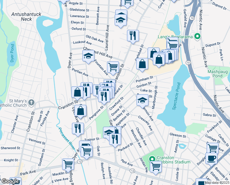map of restaurants, bars, coffee shops, grocery stores, and more near 10 Howard Street in Cranston