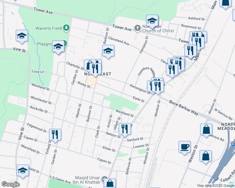map of restaurants, bars, coffee shops, grocery stores, and more near 121 Earle Street in Hartford