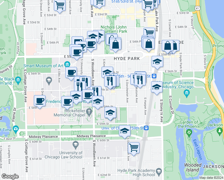 map of restaurants, bars, coffee shops, grocery stores, and more near 1321 East 57th Street in Chicago