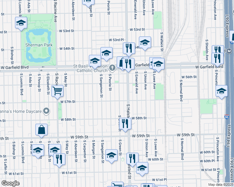 map of restaurants, bars, coffee shops, grocery stores, and more near 5632 South Green Street in Chicago
